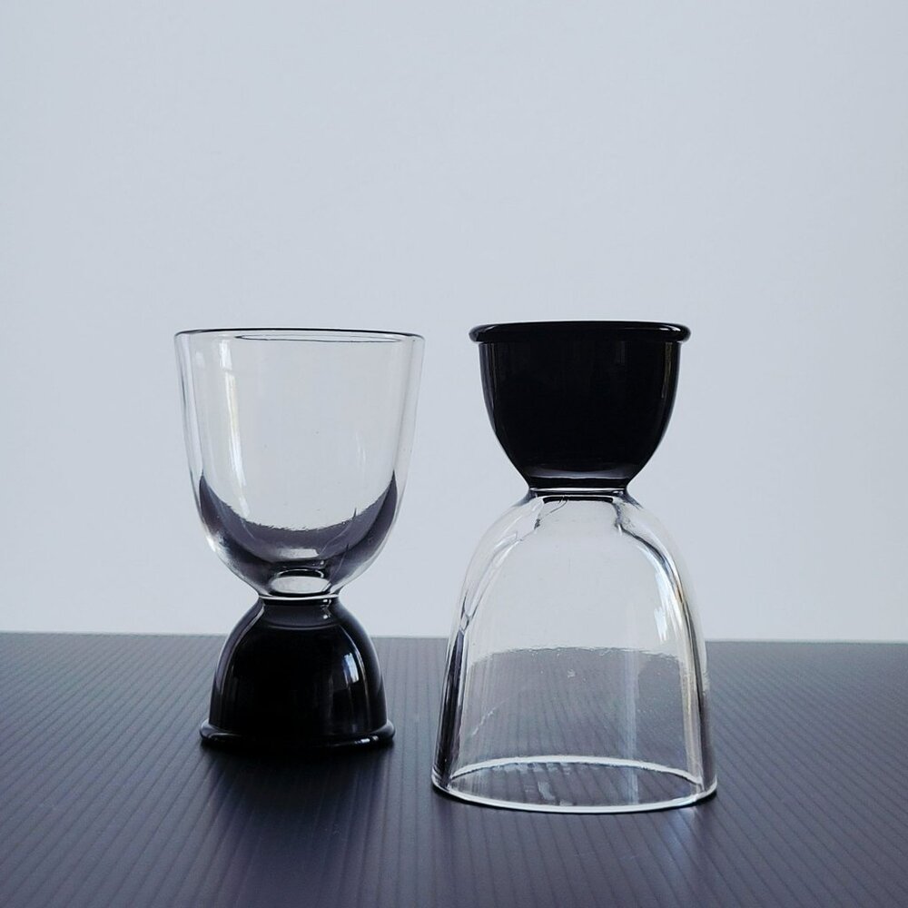 Vintage Double Egg Cup Set of 2, Black & Clear Glass, Large 4.5 Size, Minimalist - Picture 2 of 8